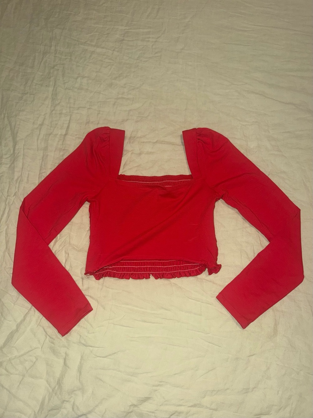 Topshop Red Square-Neck Long Sleeve Crop Top